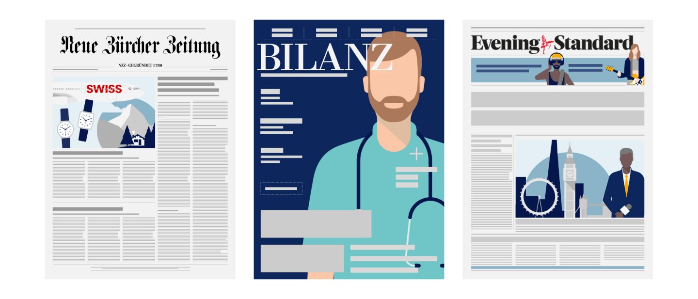 Collage of digital newspapers and magazines, including Neue Zürcher Zeitung, BILANZ, and Evening Standard.